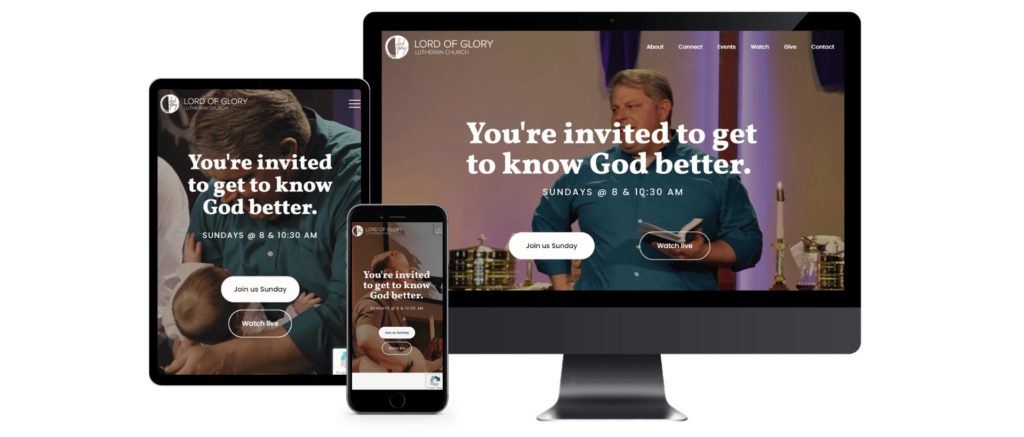 Tablet, mobile, and desktop versions of Lord of Glory Lutheran Church's homepage designed by SDG Digital Design in Libertyville, IL