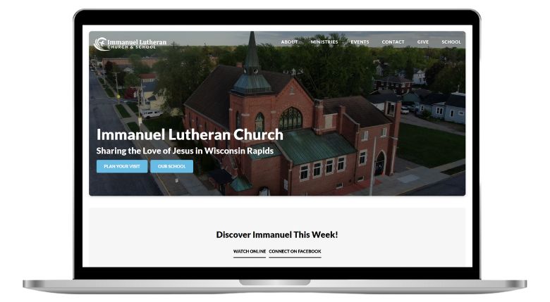 Laptop featuring new homepage for Immanuel Lutheran Church in Wisconsin Rapids designed by SDG Digital Design in Libertyville, IL