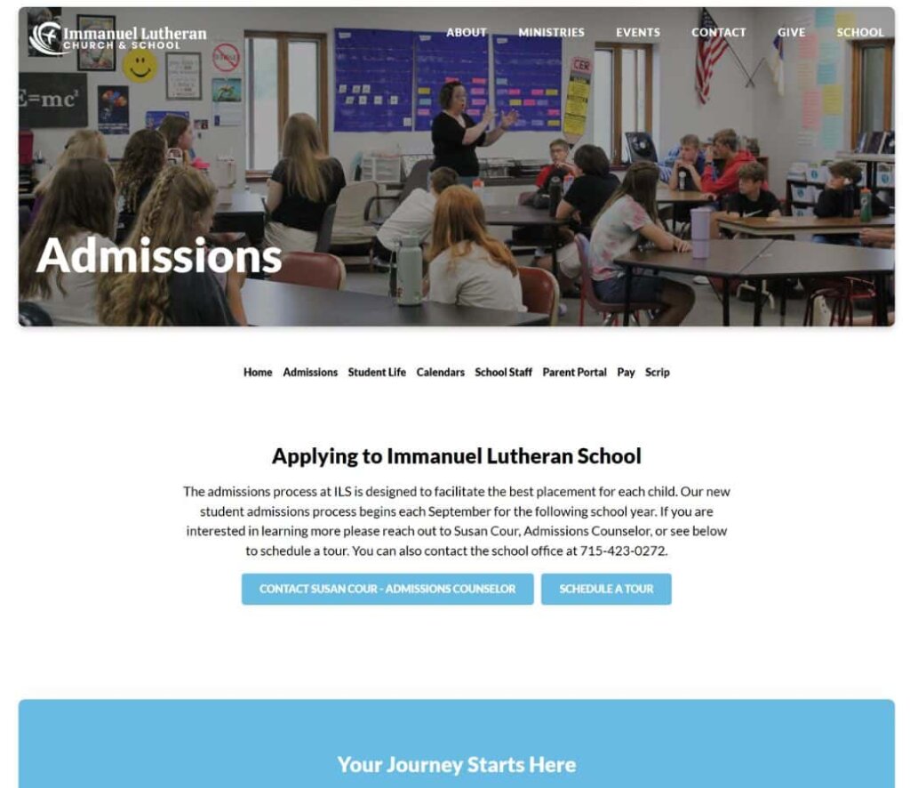 Admissions page for Immanuel Lutheran School in Wisconsin Rapids as designed by SDG Digital Design in Libertyville, IL