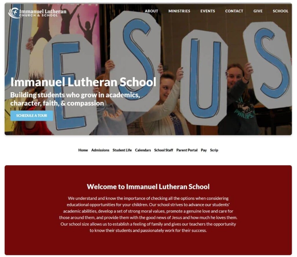 New school hompage for Immanuel Lutheran Church in Wisconsin Rapids designed by SDG Digital Design in Libertyville, IL