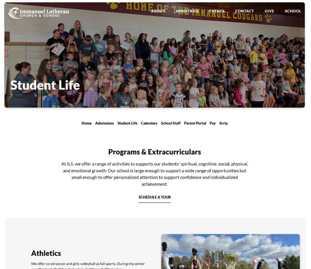 New Student Life webpage for Immanuel Lutheran Church in Wisconsin Rapids designed by SDG Digital Design in Libertyville, IL