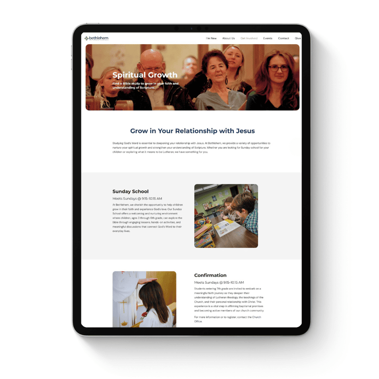 Tablet website design for Bethlehem Lutheran Church in West Dundee, IL designed by SDG Digital Design in Libertyville, IL