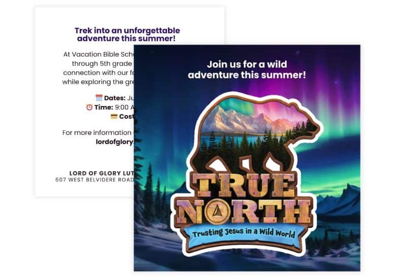 Invite postcard for vacation Bible school designed by SDG Digital Design in Libertyville, IL