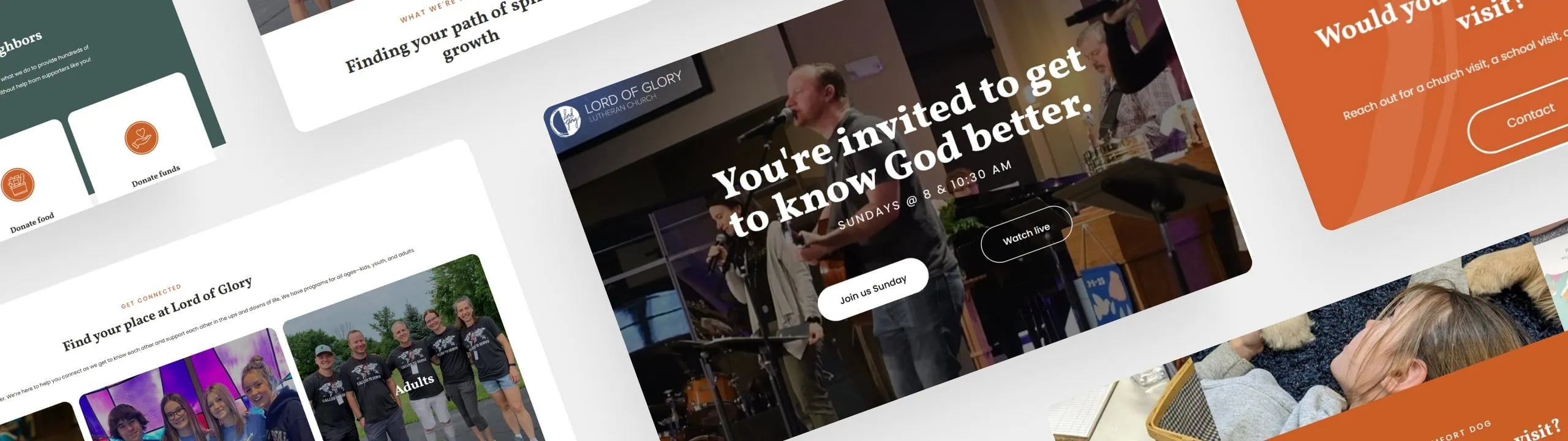 Various samples of website pages designed by SDG Digital Design of Libertyville, IL for Lord of Glory Lutheran Church